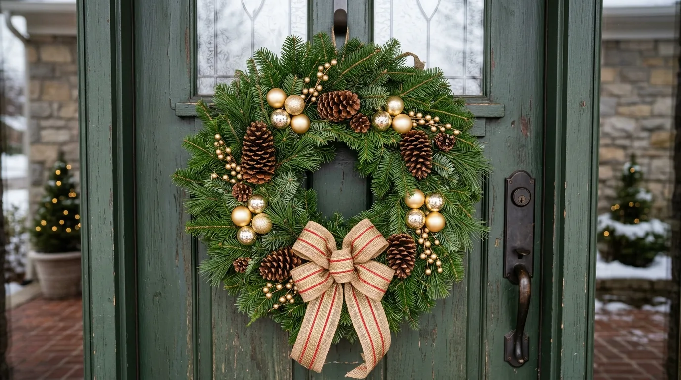 Let planters carry evergreen texture through the entry inspiration for a Christmas porch.